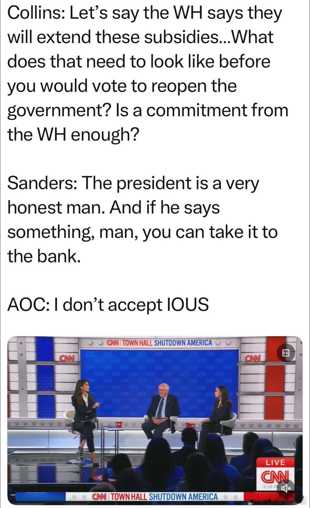 民主党左翼高层Sanders和AOC接受采访CNN：怎么才能停止“政府关门”？如