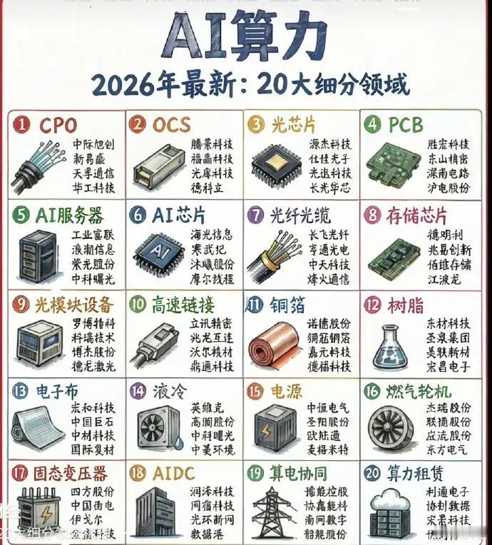 看网友总结归纳AI算力20大细分领域及个股列举，很是清晰。但评论区大多不尊重人，