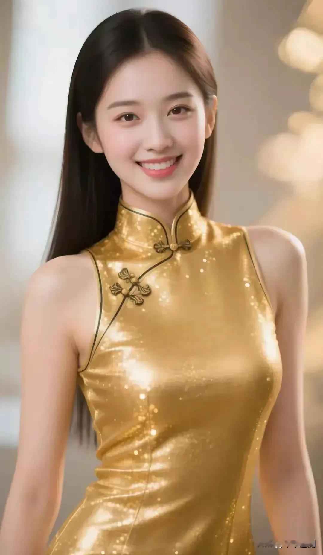 金旗袍流光璀璨，盘扣古雅精致，她笑意盈盈，在传统与华丽的交融里，绽放...