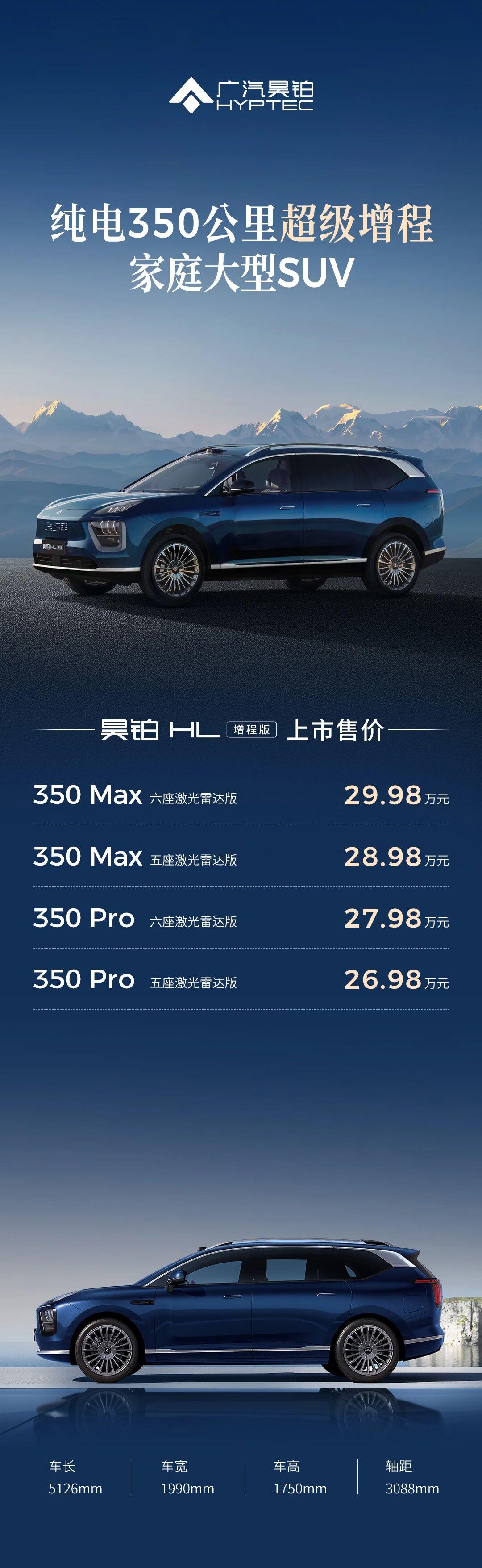 标配激光雷达、纯电续航350km、全国免费充，售26.98万元起的昊铂HL增程版