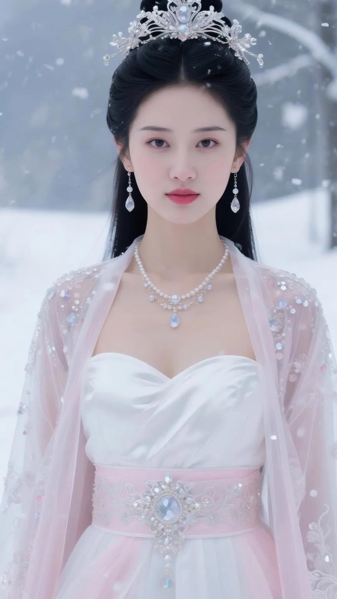 冬日仙境中的梦幻公主，雪中漫步，宛如童话故事中的公主。