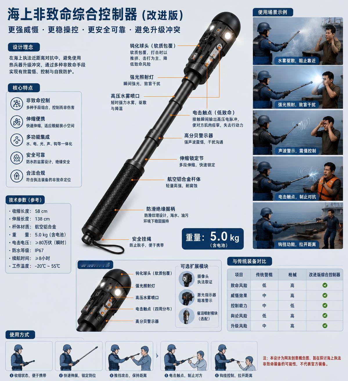 网友@大堡礁石画了一个海警海上执法棒的草案，个人认为核心想法很聪明：“不要制