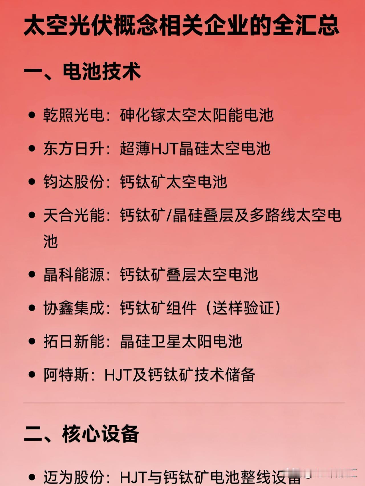 太空光伏概念相关企业的全汇总一、电池技术乾照光电：砷化镓太空太阳能电池