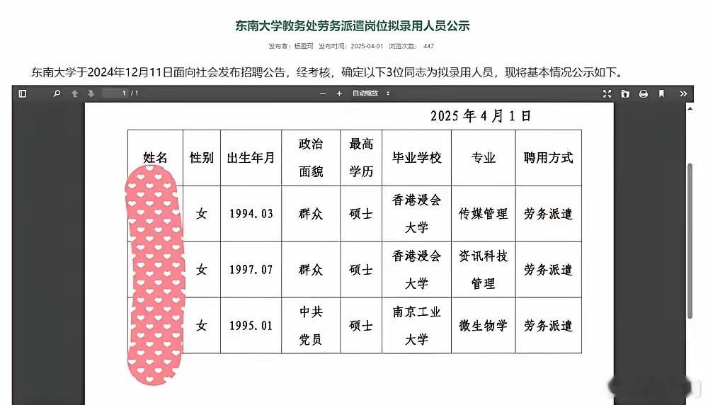 两个香港浸会大学硕士、一个南京工业大学硕士，上岸东南大学劳务派遣岗位​​​