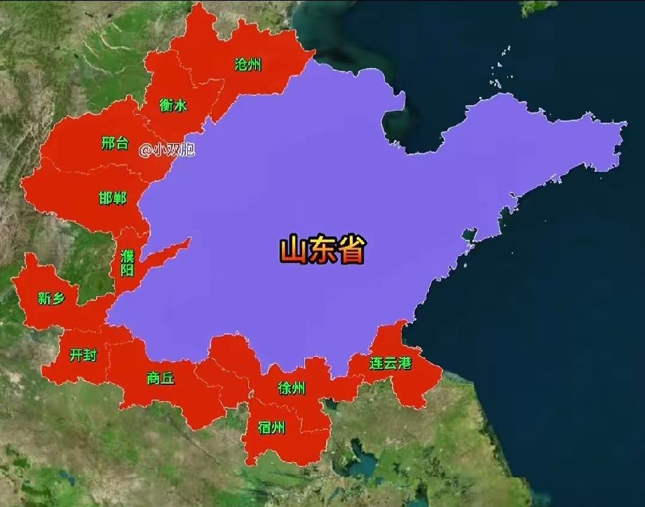 原来山东省是与四个省密切接壤的啊，山东有一半与大海相连，另一半则与四省十一市接壤