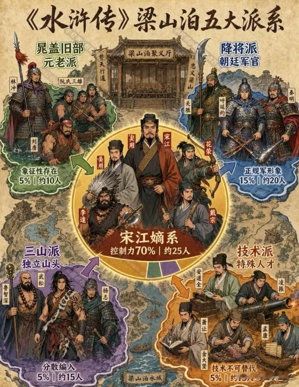 梁山五大派系完整人物清单一、宋江嫡系（核心掌权派，约25人，话语权70%）