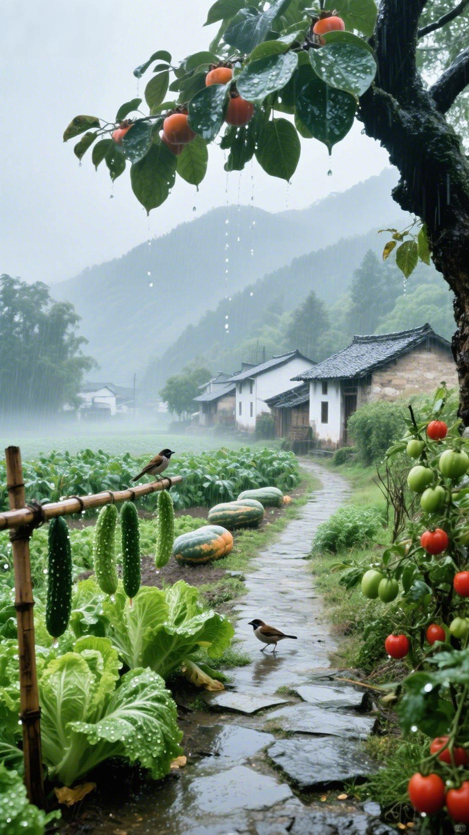 雨落小村前细雨敲打着柿叶，水珠顺着枝头滚落，晕开石板路的湿意。菜园里的青菜