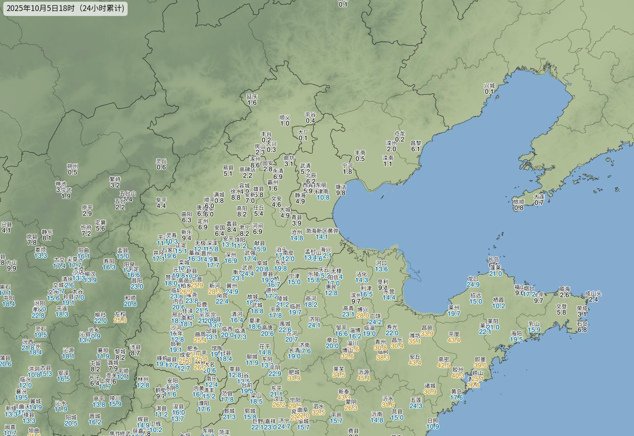 今天白天北方的雨水范围北抬明显，主降雨区来到山西中南部、河北中南部、河南北部和山