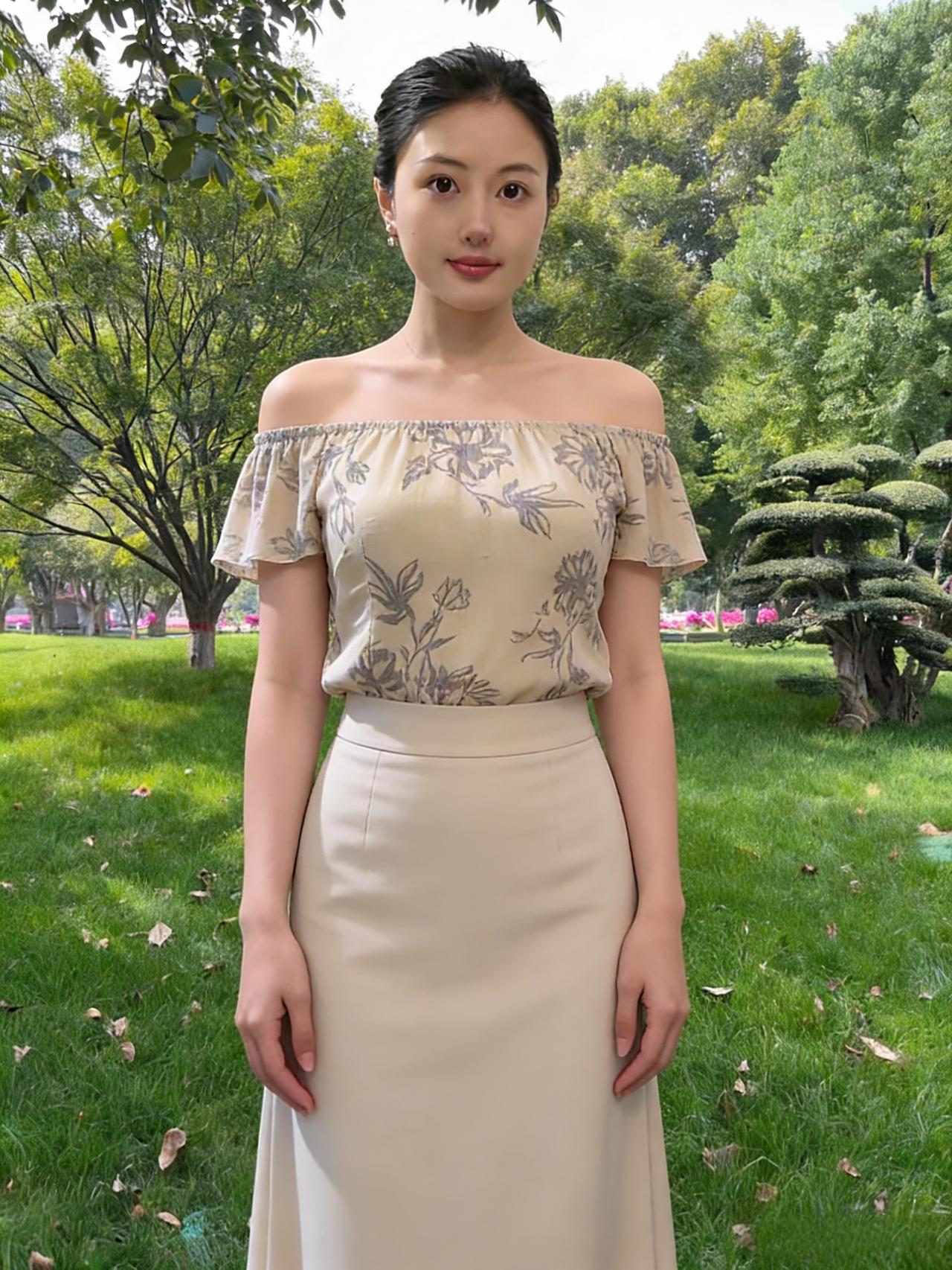 露肩花衫映绿阴，长裙轻曳步芳林。眸光清澈如秋水，一笑嫣然动客心。