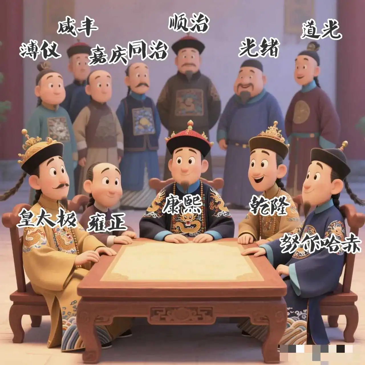 清朝12个皇帝，这5个皇帝坐着，其他人只能站着。康熙帝稳居c位，乾隆和雍正坐二三