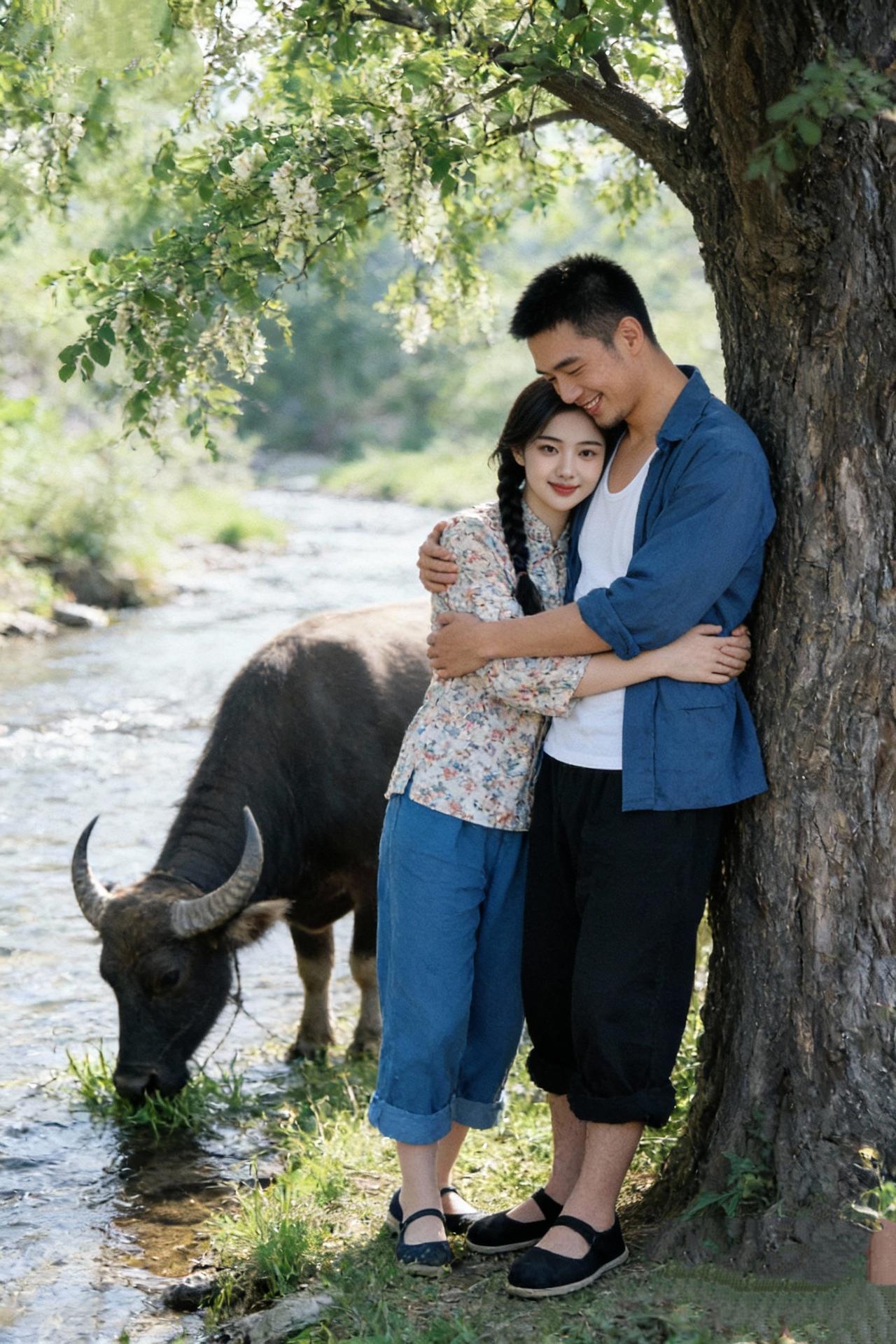 《溪畔相依》老树枝桠筛晴光，溪声绕岸淌微凉。牛饮清波云影晃，相拥时，