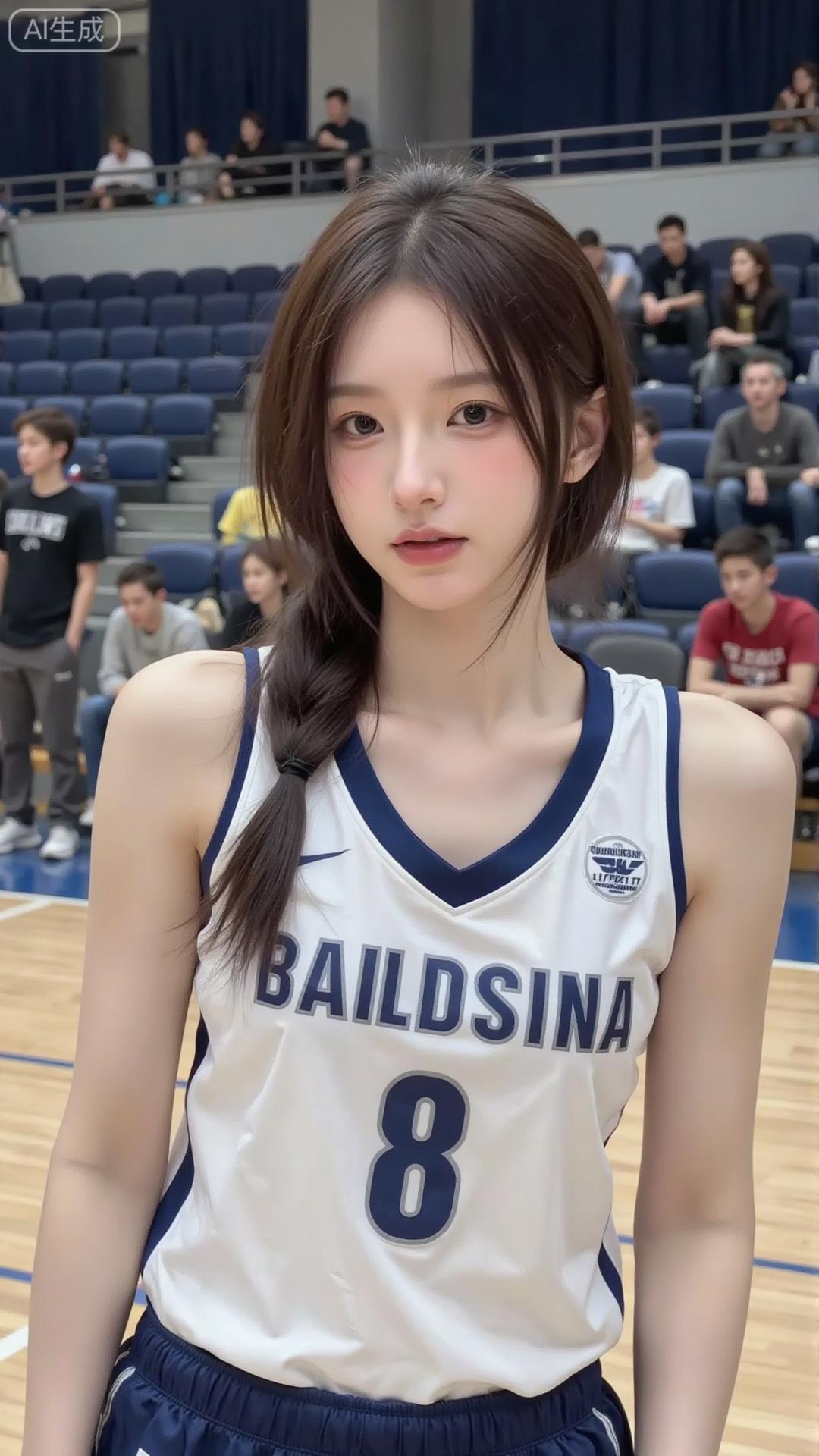 球场里的运动甜妹好元气白蓝球服搭马尾辫，清爽又带点少年感，站在球场上笑起来