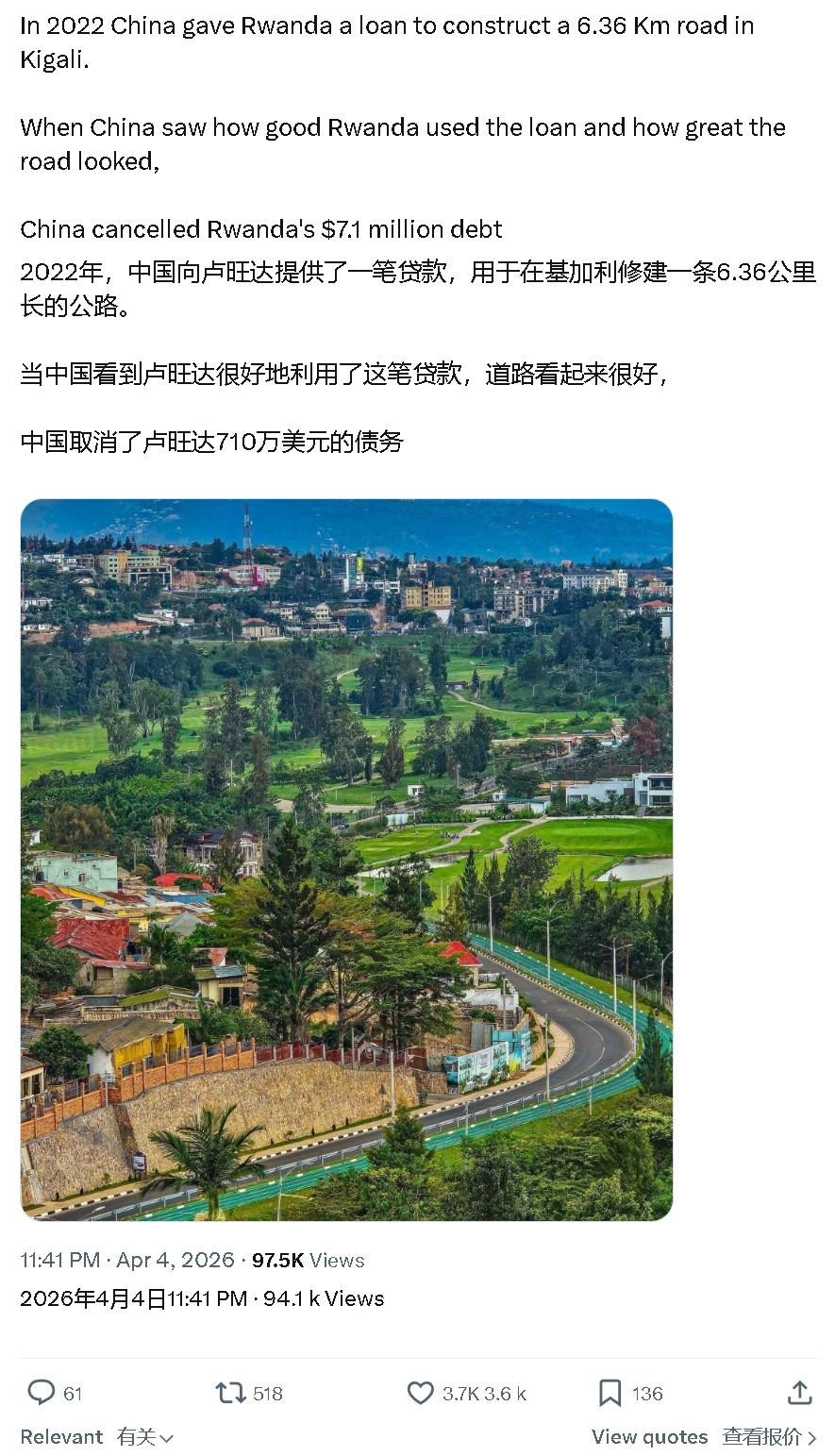 非洲传媒发帖说：2022年，东大向卢旺达提供了一笔贷款，用于在基加利修建一条6.