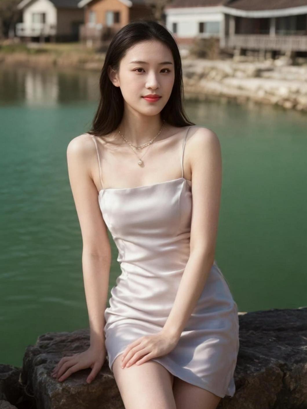 湖边的微风轻轻拂过，银色的连衣裙在阳光下闪烁，仿佛与水面的波光交织成一首静谧的诗