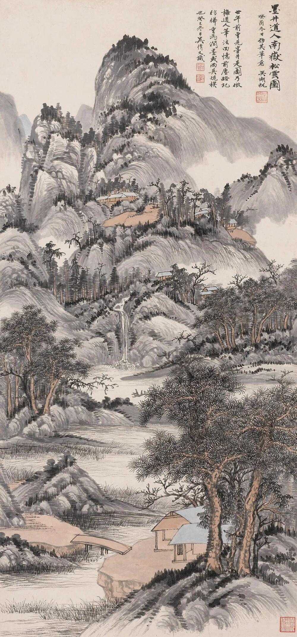 吴湖帆《南岳松云图》，纸本设色117×54.6cm，钤印：吴湖帆、吴湖帆印、倩