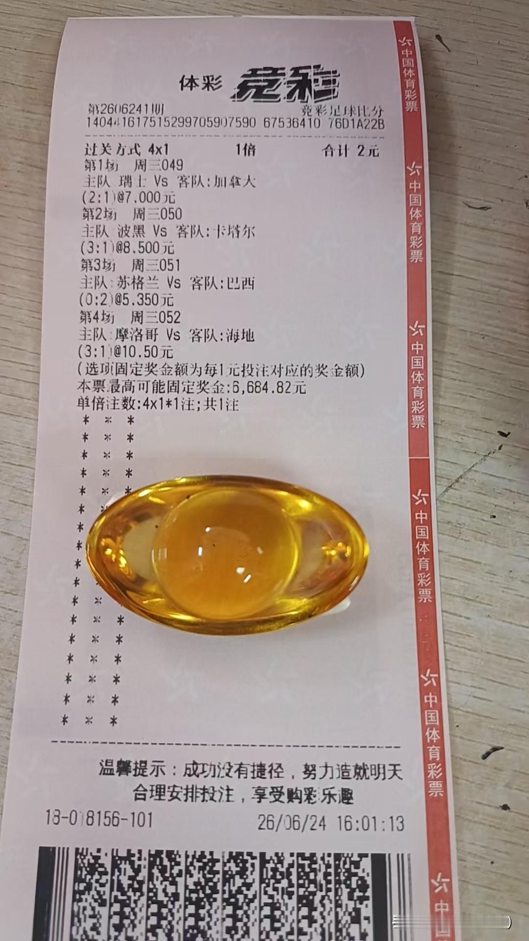 我今儿拿着世界杯的票算了算中了几场。这票上的比赛可真是让人又爱又恨啊。我买了好几