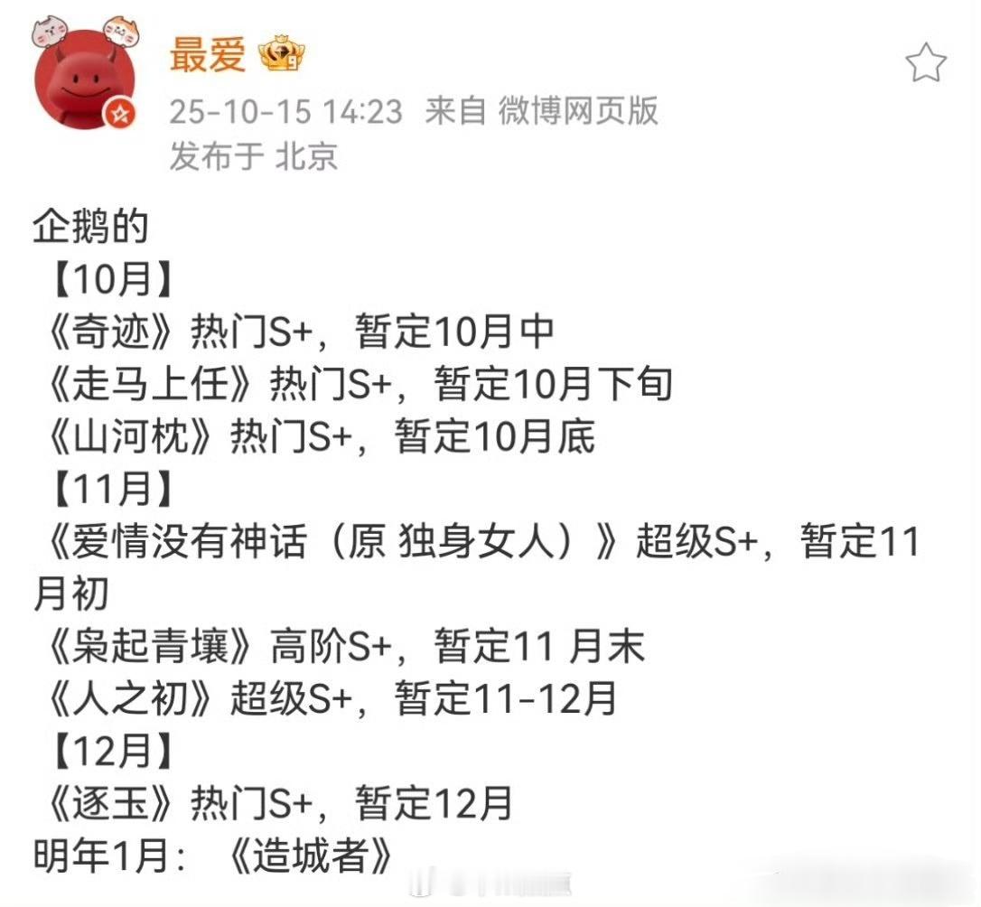 腾讯🐧排播，全是S+​​​🐧剩下的大剧不多了，看谁能撑起年底kpi？​​