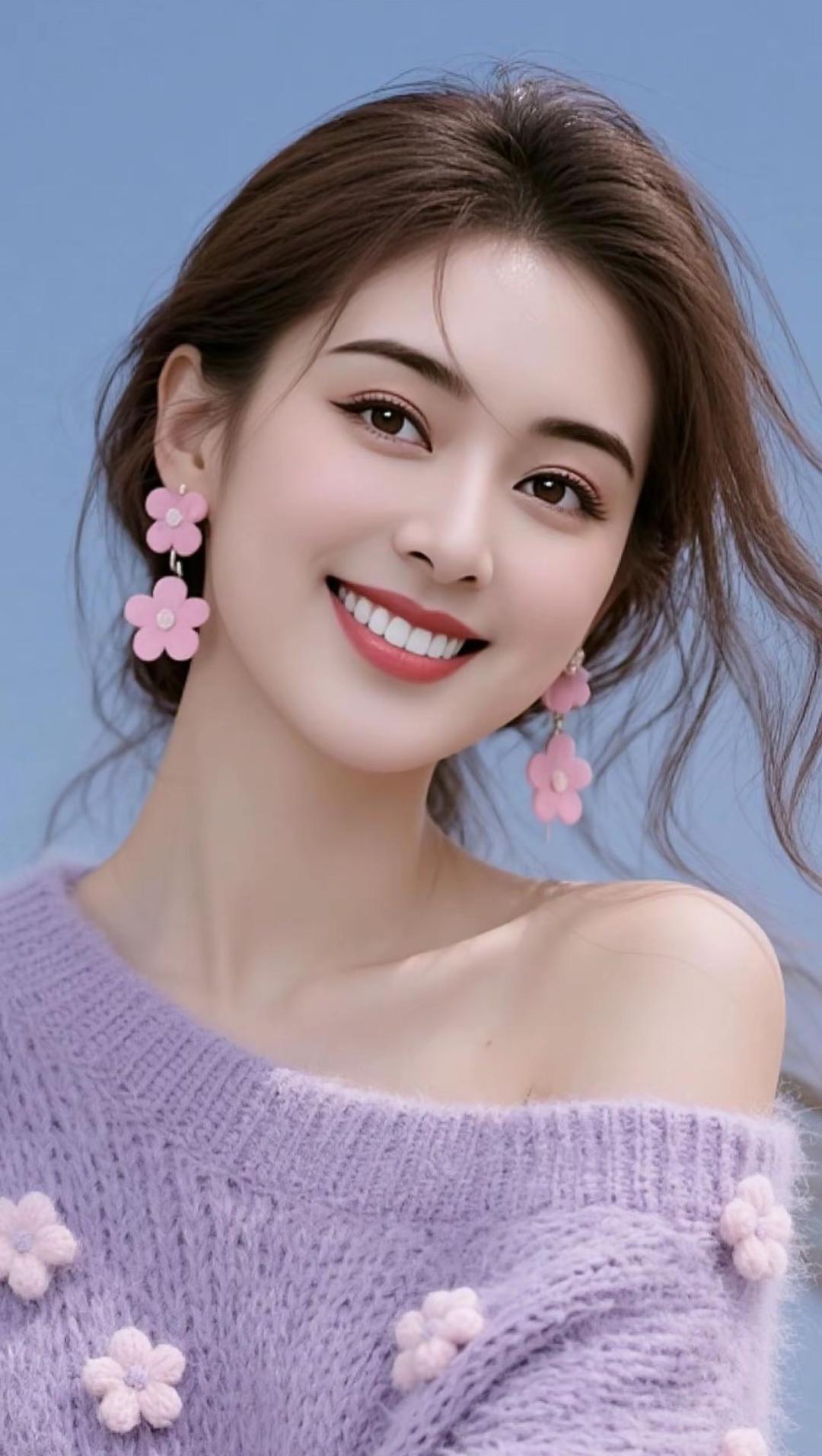 温柔甜美的少女心，粉色花朵耳环和毛衣搭配，元气满满！高雅气质美女美女人像群