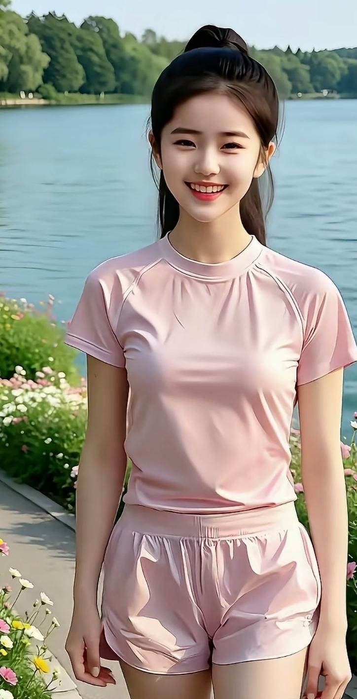 夏日运动少女于湖边悠然漫步，身着粉色运动装，与自然美景相得益彰，元气满溢！🌞?