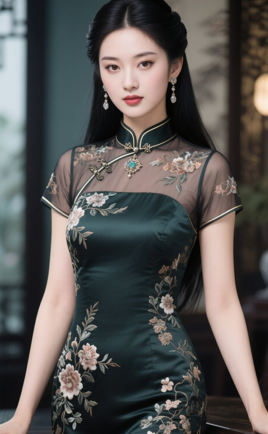 东方佳人旗袍裹身，身姿曼妙如诗如画