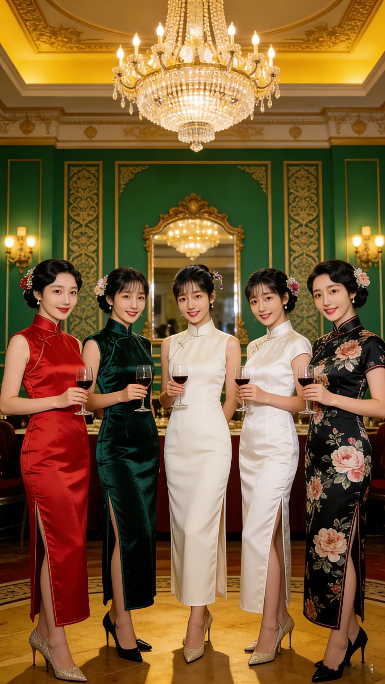 五位年轻女性，复古簪花发型，红唇精致优雅，持红酒杯。旗袍多样，正红墨绿米白黑色花
