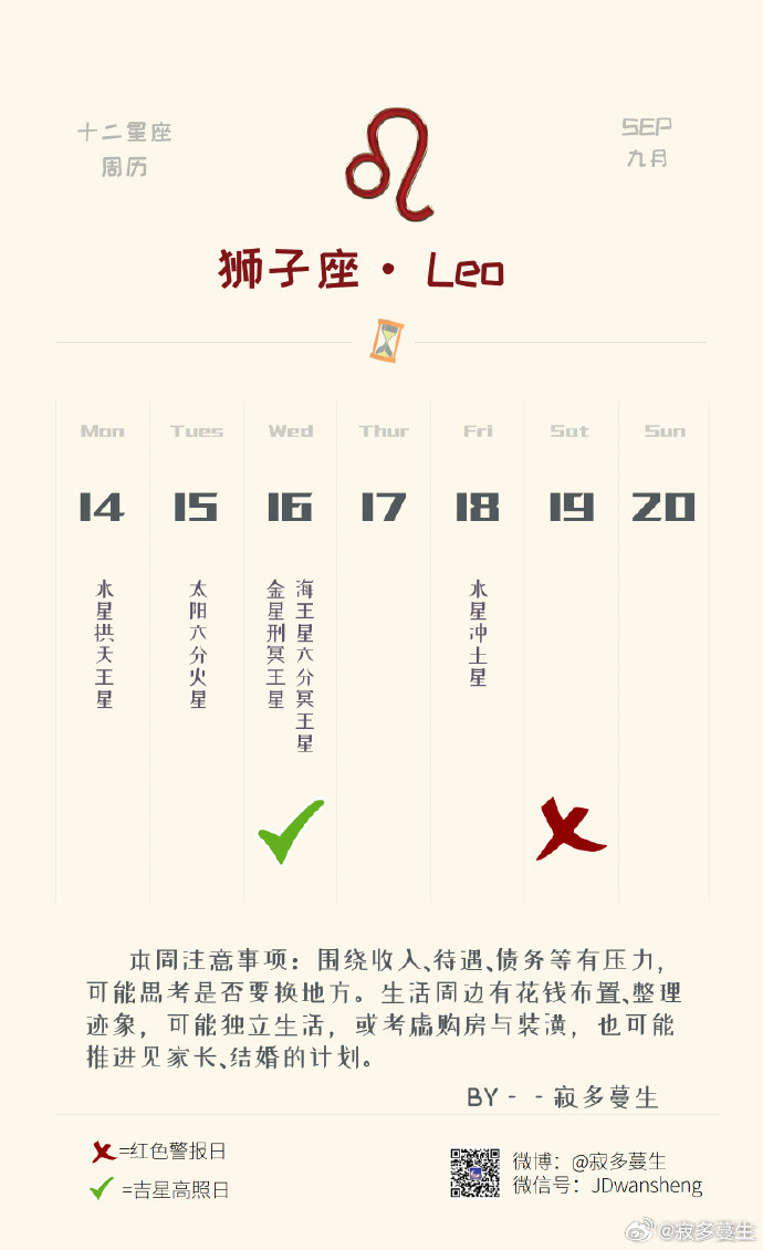 狮子座本周运势（09.14-09.20）参考太阳和上升星座整体运势：★★★★感情运势：★★★★工作学