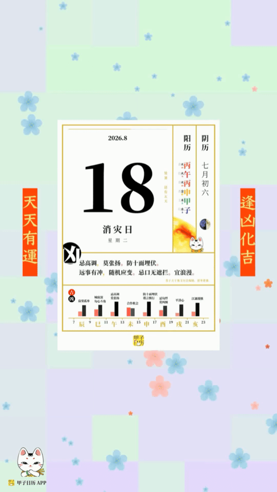 甲子日历8月18日，消灾日。忌高调，莫张扬。防十面埋伏。📆星座人生