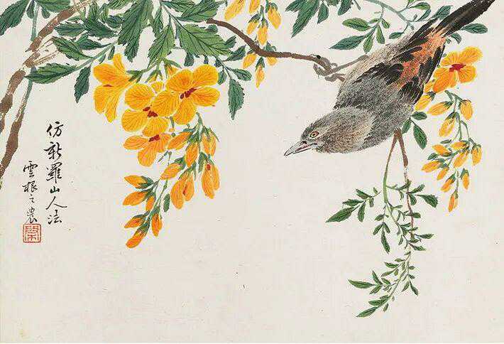 清董棨《花鸟册》，八开，设色纸本，22×32cm，绘月季、凌霄、芙蓉、腊梅、荷