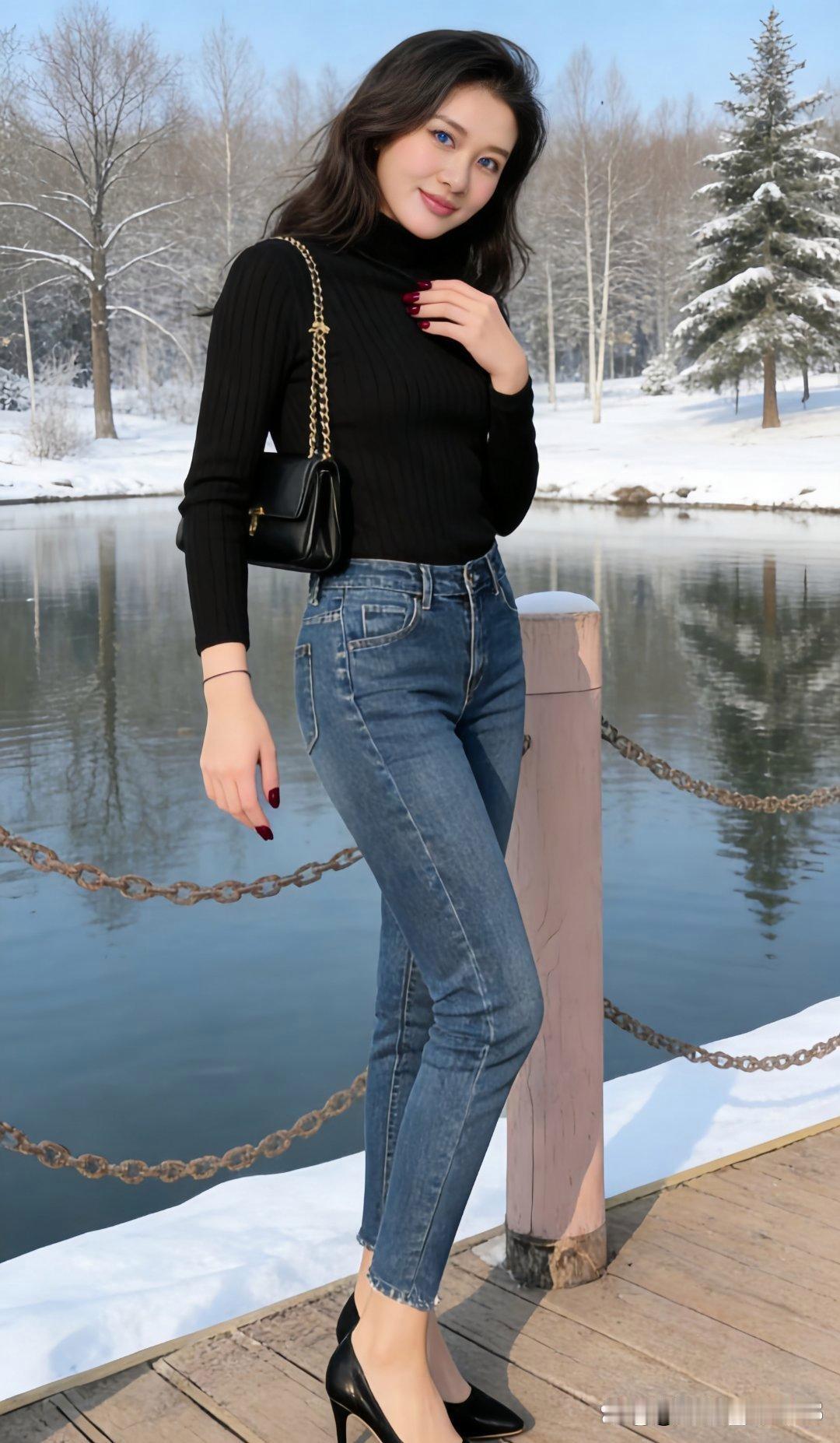 冬天穿黑色高领毛衣配牛仔裤，真是优雅与保暖兼得。黑色高领毛衣简约百搭又显贵，黑色