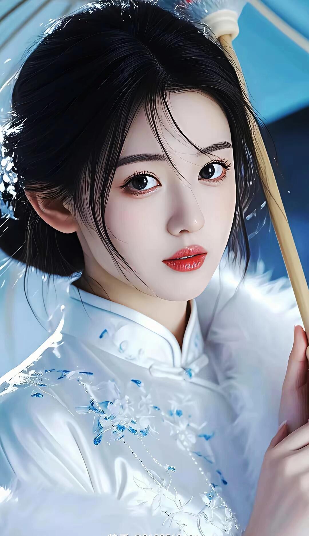 古风美人，红唇轻启，手持团扇，韵味十足