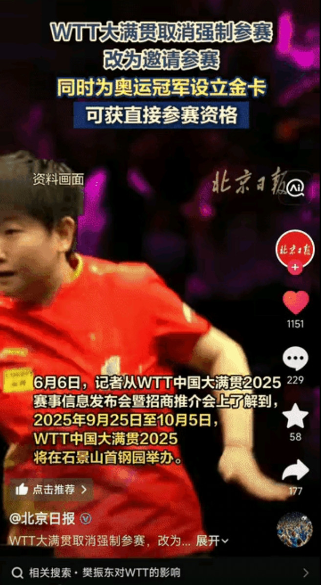 当你足够强大，全世界都会为你让路！从今年起，WTT取消了大满贯赛事的强