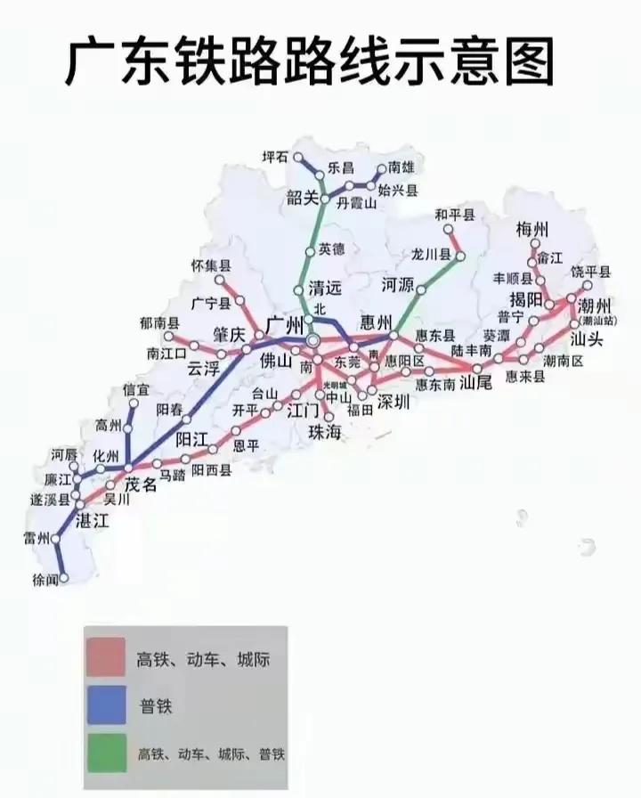 看看广东铁路发展示意图，北部山区不但经济落后，就连铁路建设与珠三角和东西两翼相比