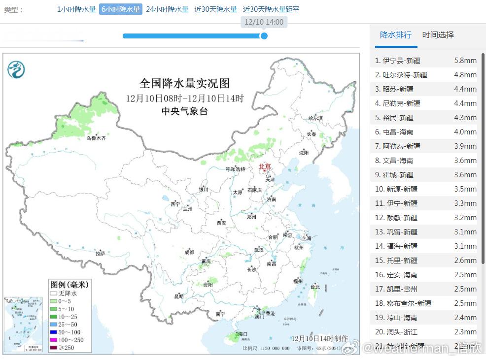 【降雪】今天08-14时，受到寒潮影响，新疆西部和北部已经出现明显降雪。伊宁县6