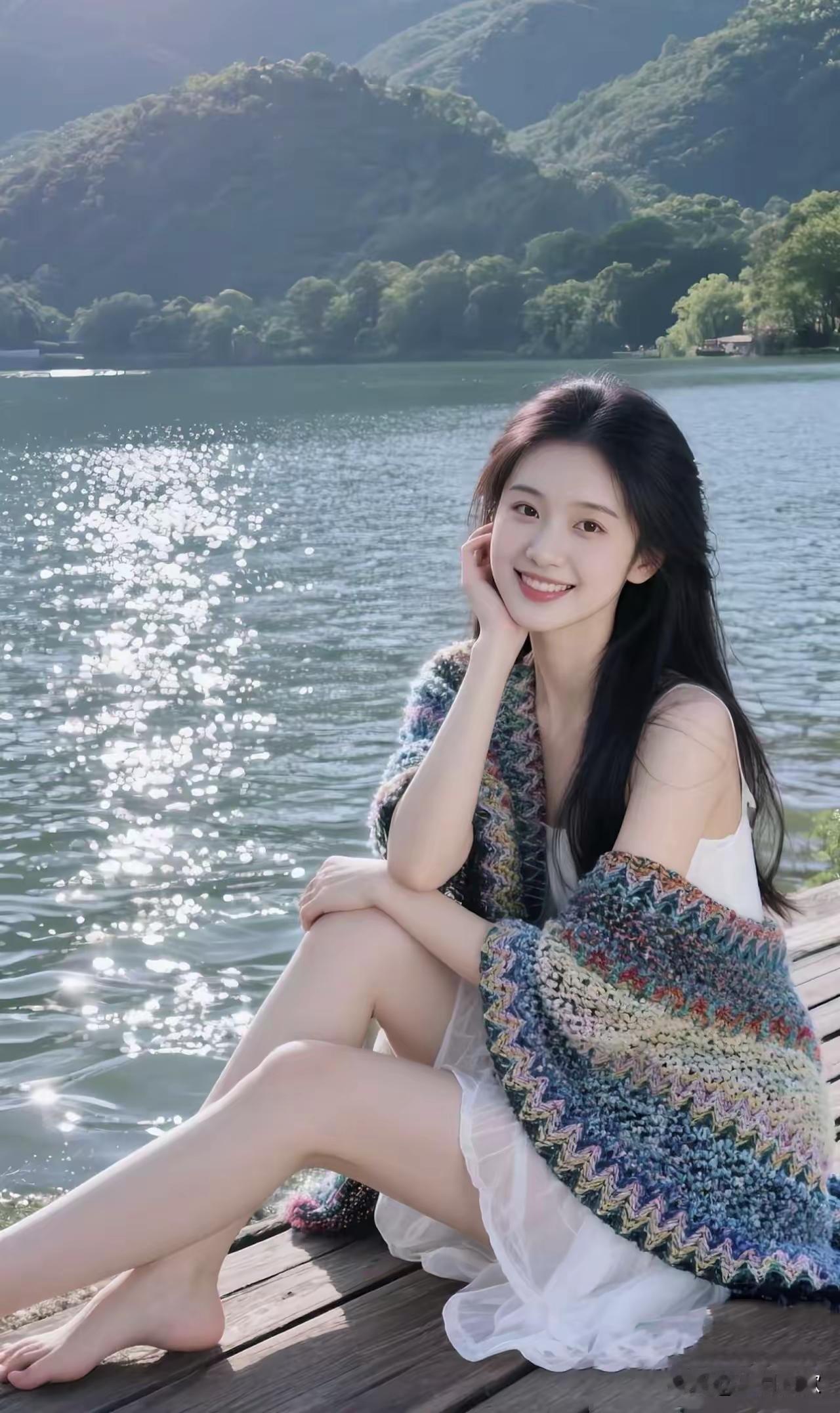 湖畔静坐，阳光洒落，微笑如花🌸