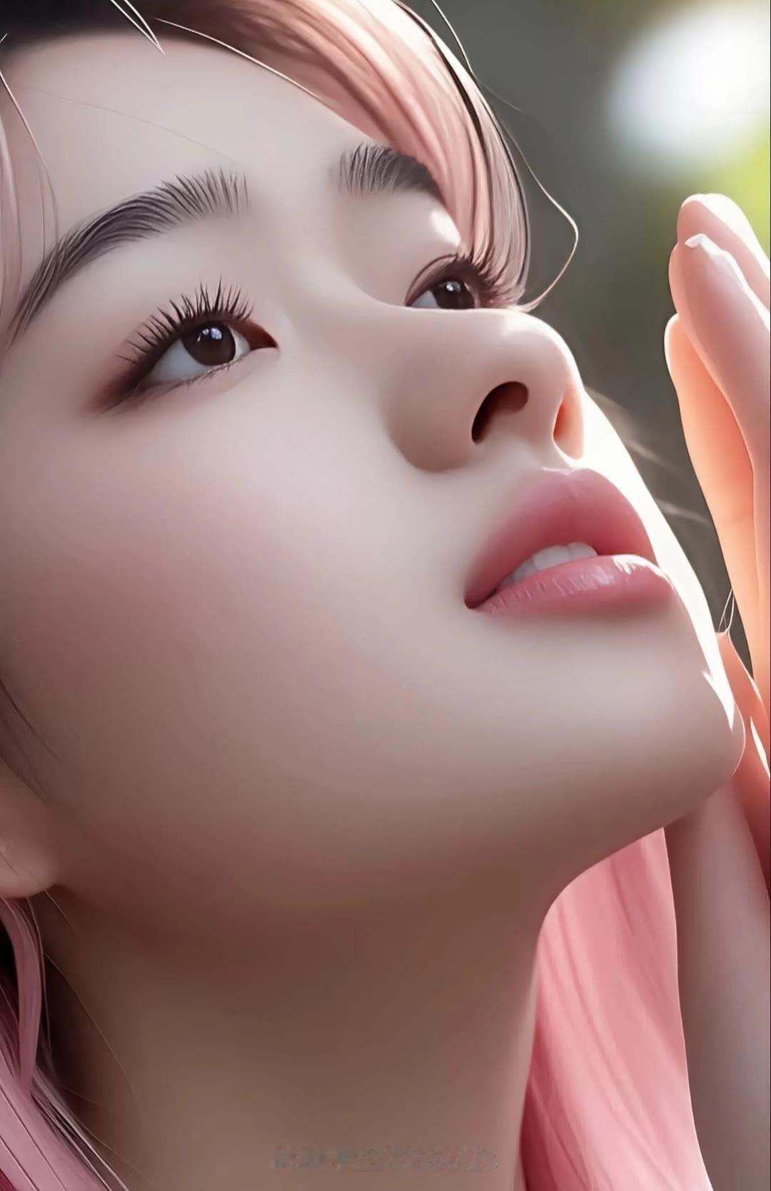 温柔粉发少女，梦幻般的眼神，仿佛置身于童话世界。