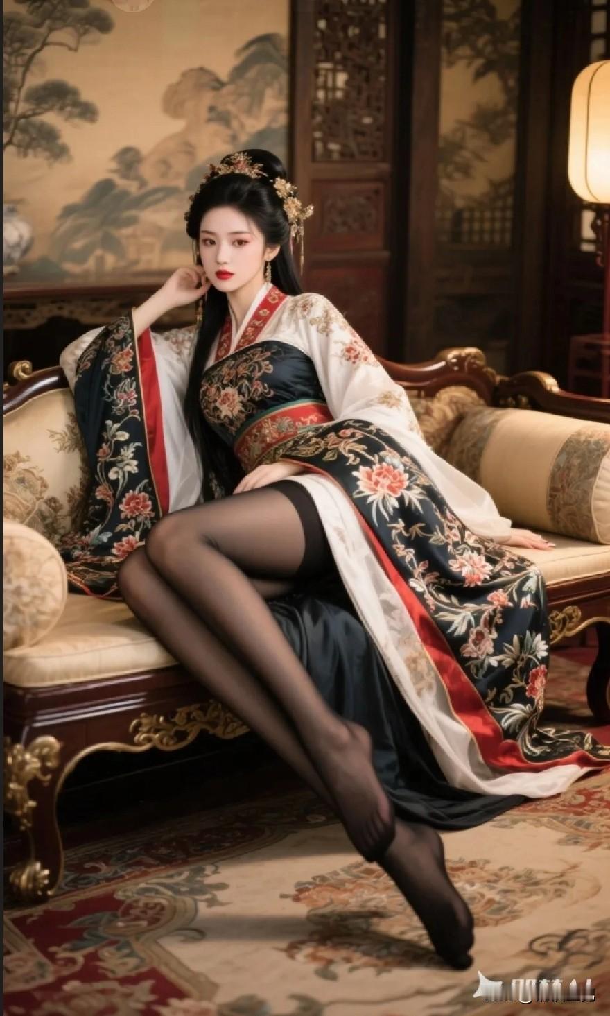 古香古色，汉服黑丝长腿美女