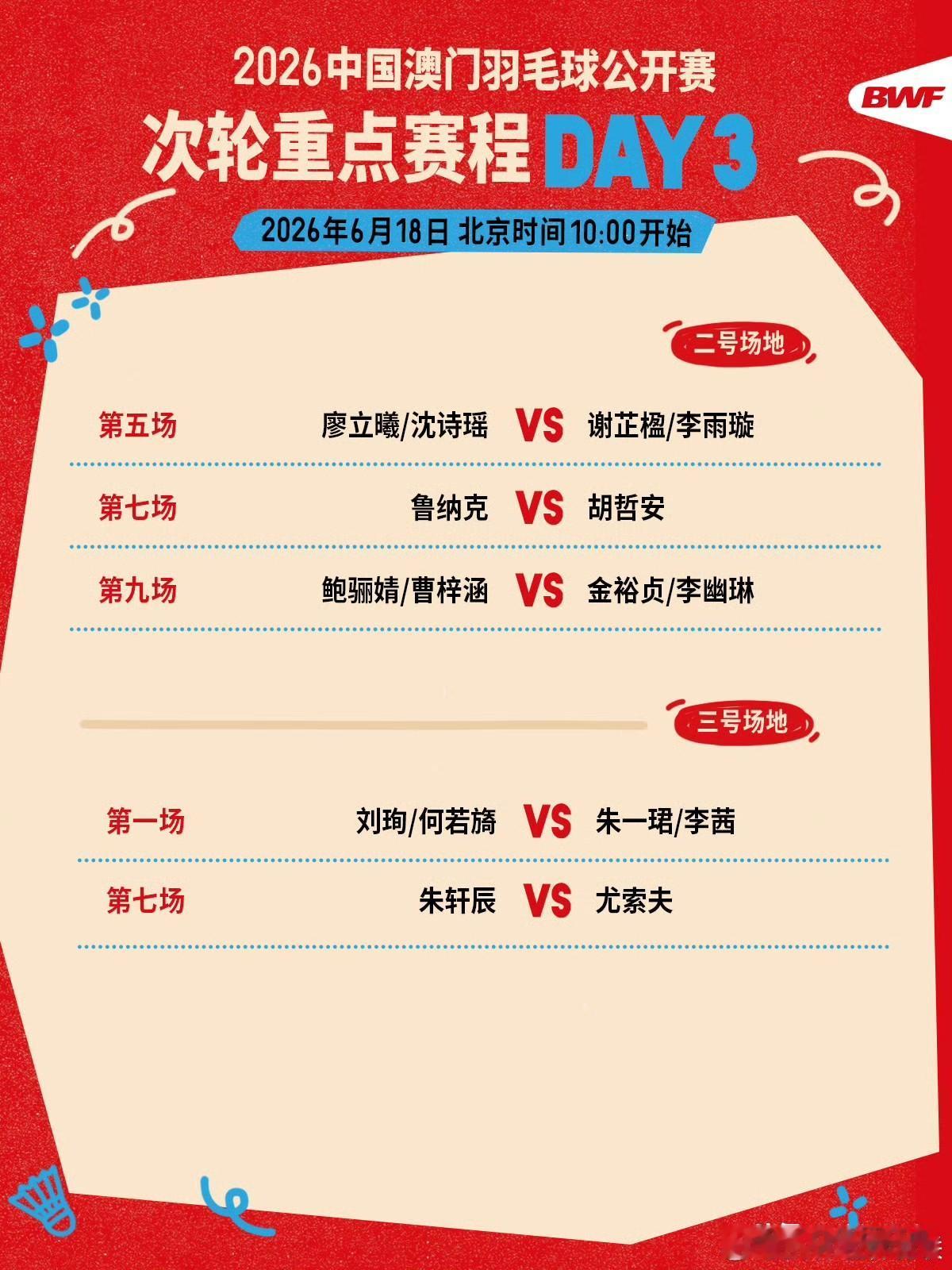 2026澳门羽毛球公开赛，18号将进入到1/8决赛的争夺，国羽5个单项全面出击。