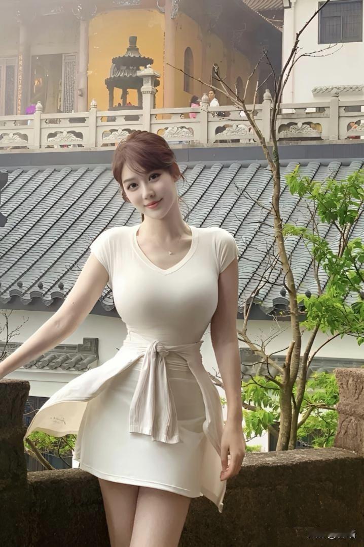 美图欣赏，看图写诗《素裙映古檐》素衣裁得软风轻，古殿檐边云影明。眸