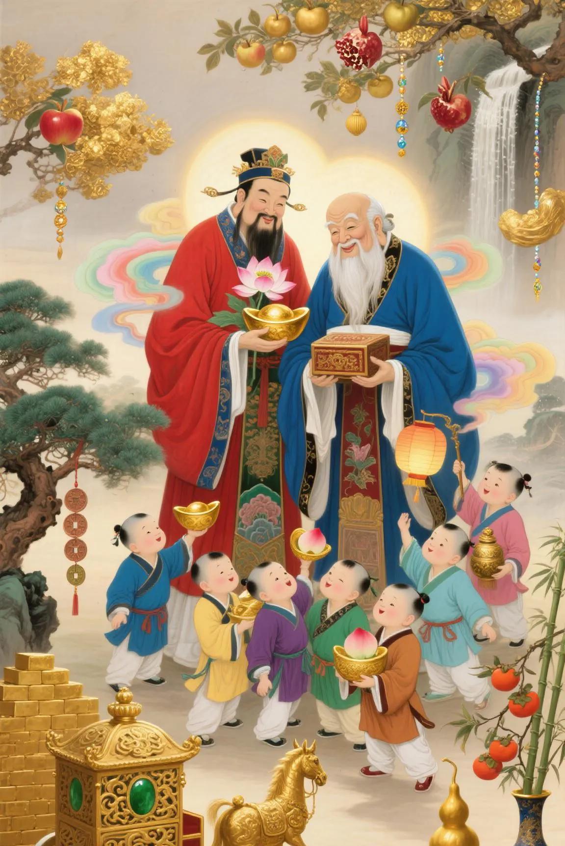 和合二仙下凡来，笑逐颜开好运带，荷花捧出平安岁，宝盒盛金福满宅。十童献瑞添喜气
