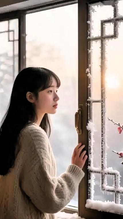 上联：倚窗新梅抱行月