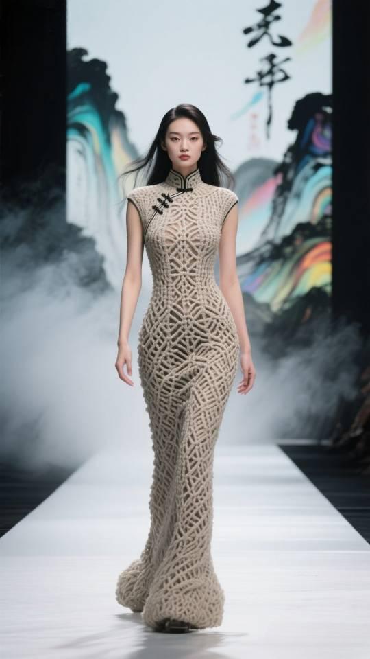 T台上，模特展示毛线针织旗袍系列。旗袍旗袍模特T台秀针织旗袍