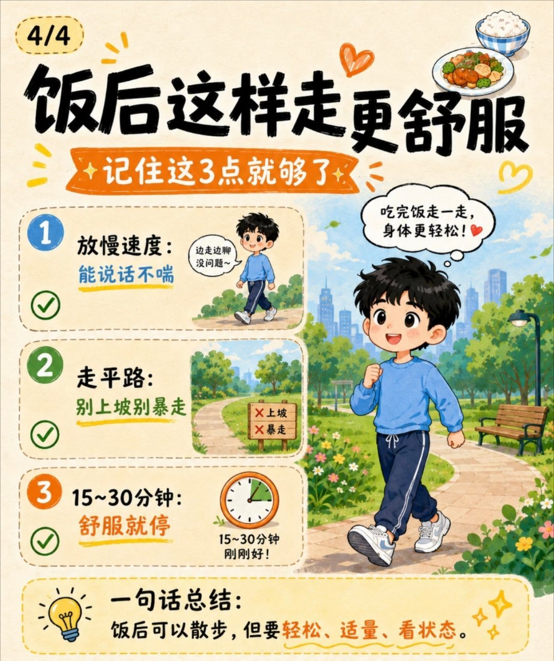 饭后散步是最低成本的久坐解药午餐后不出门糖尿病风险高对于久坐人群来说，饭后进行1
