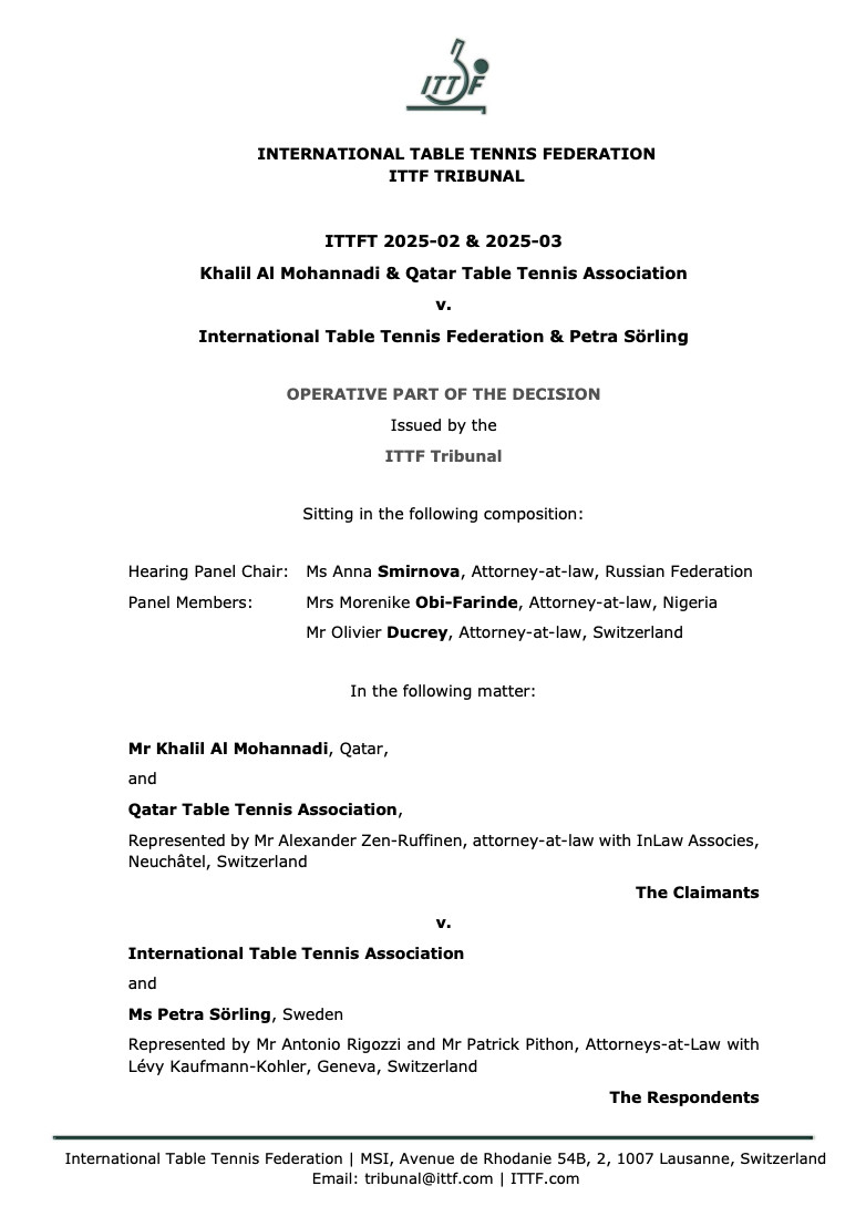 国际乒联独立法庭就主席选举结果裁决发表声明2025年9月1日，国际乒联独立法庭作
