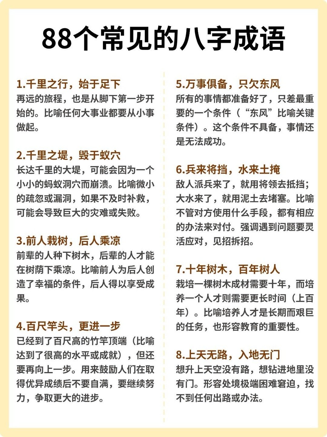88个耳熟的八字成语，含解释寓意！