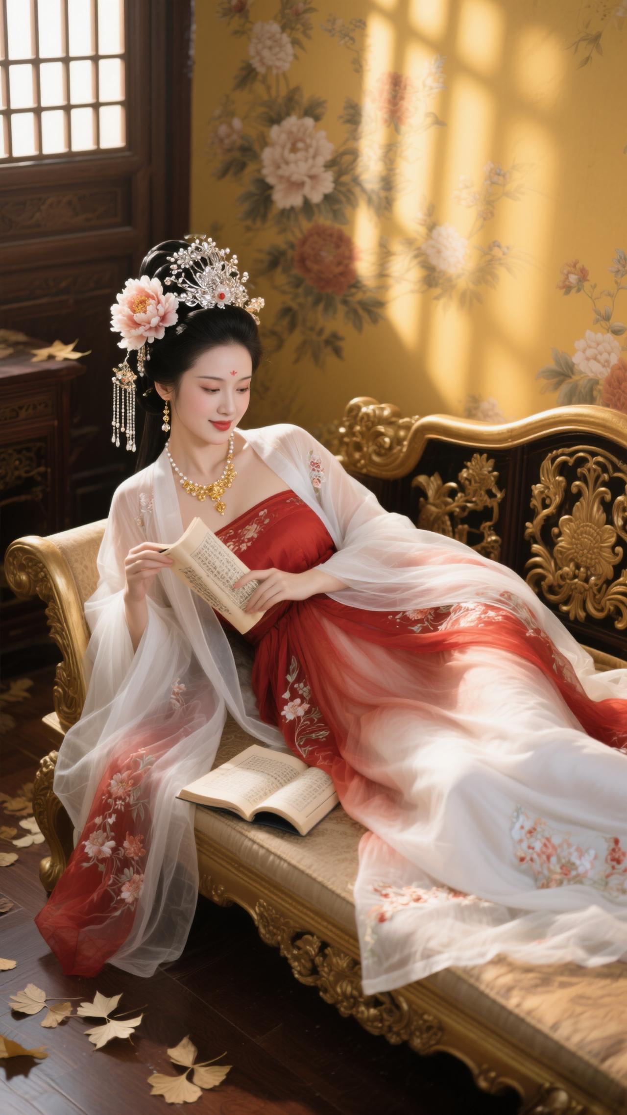 《临江仙·金榻红妆读卷》红袂堆云簪牡丹，白纱轻覆金床。闲翻书卷嗅沉香，晴