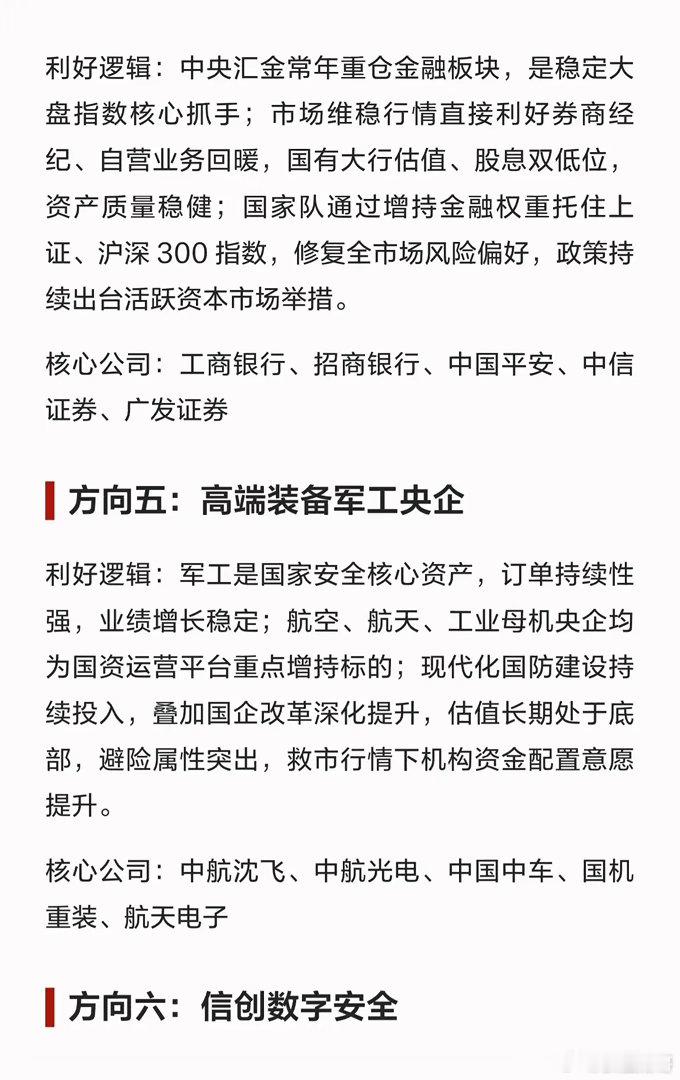 【国家队救市，六大方向受益！速看布局重点👇】近期“国家队”密集出手稳市场，资金