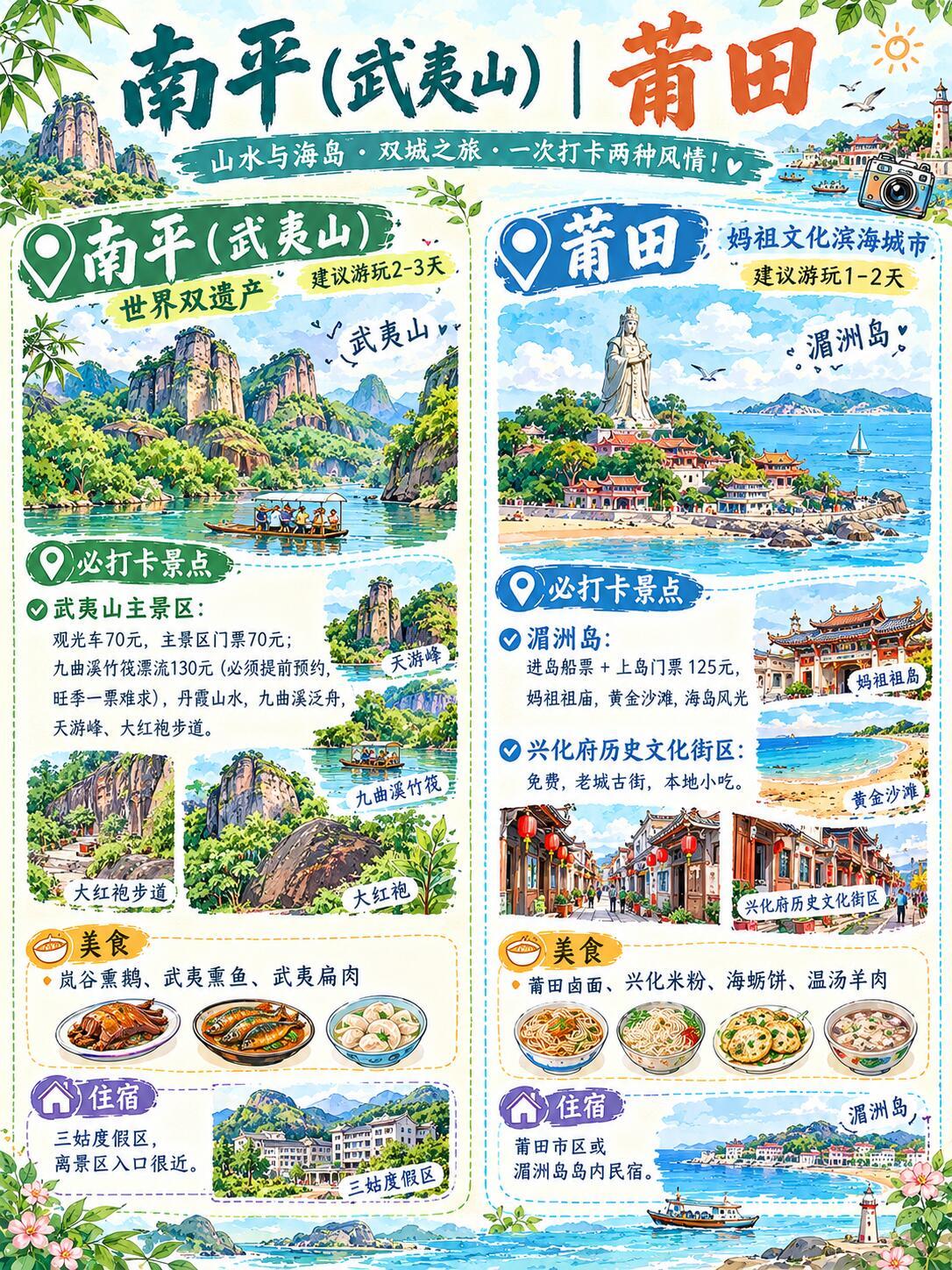 福建国庆8城自驾攻略，山海之旅收好。福建，把青山和大海都集齐了。AI绘制的8城地