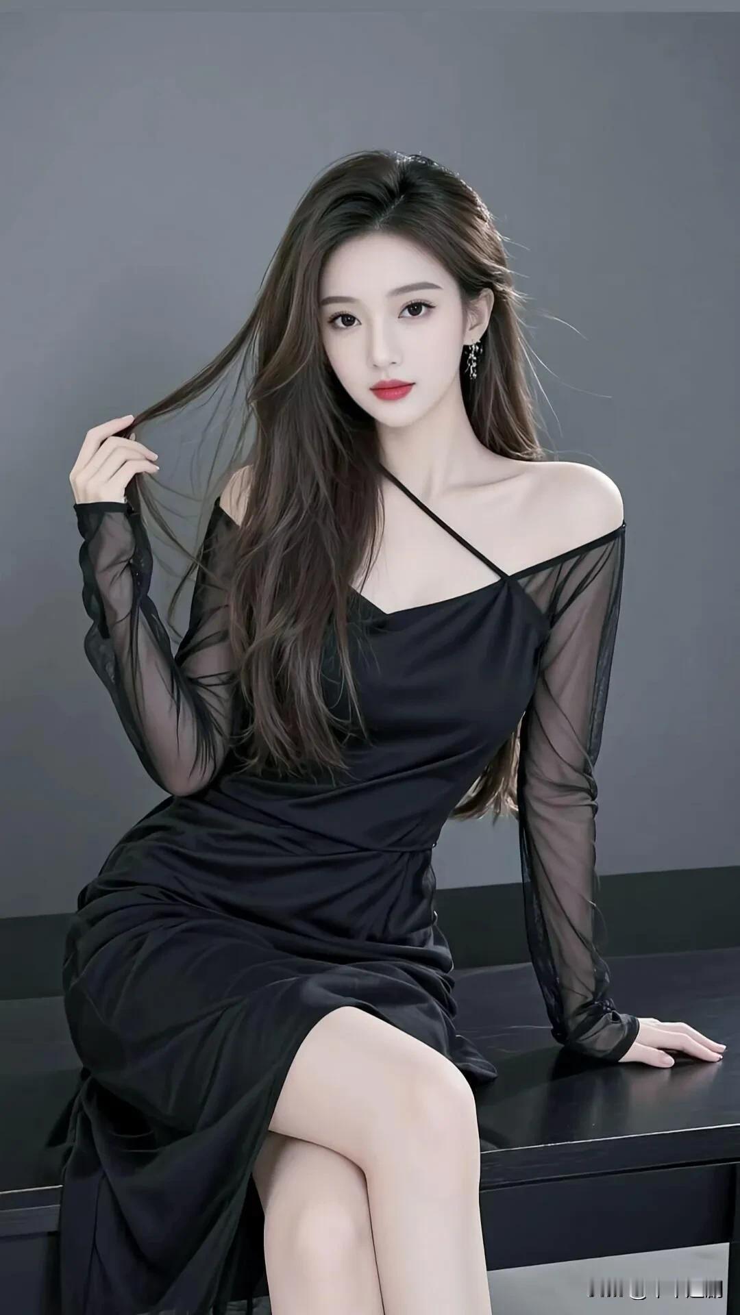 黑纱袖笼着慵懒随性，斜肩设计衬得肩颈线条愈发纤细，红唇轻启间，是清冷又妩媚的氛围