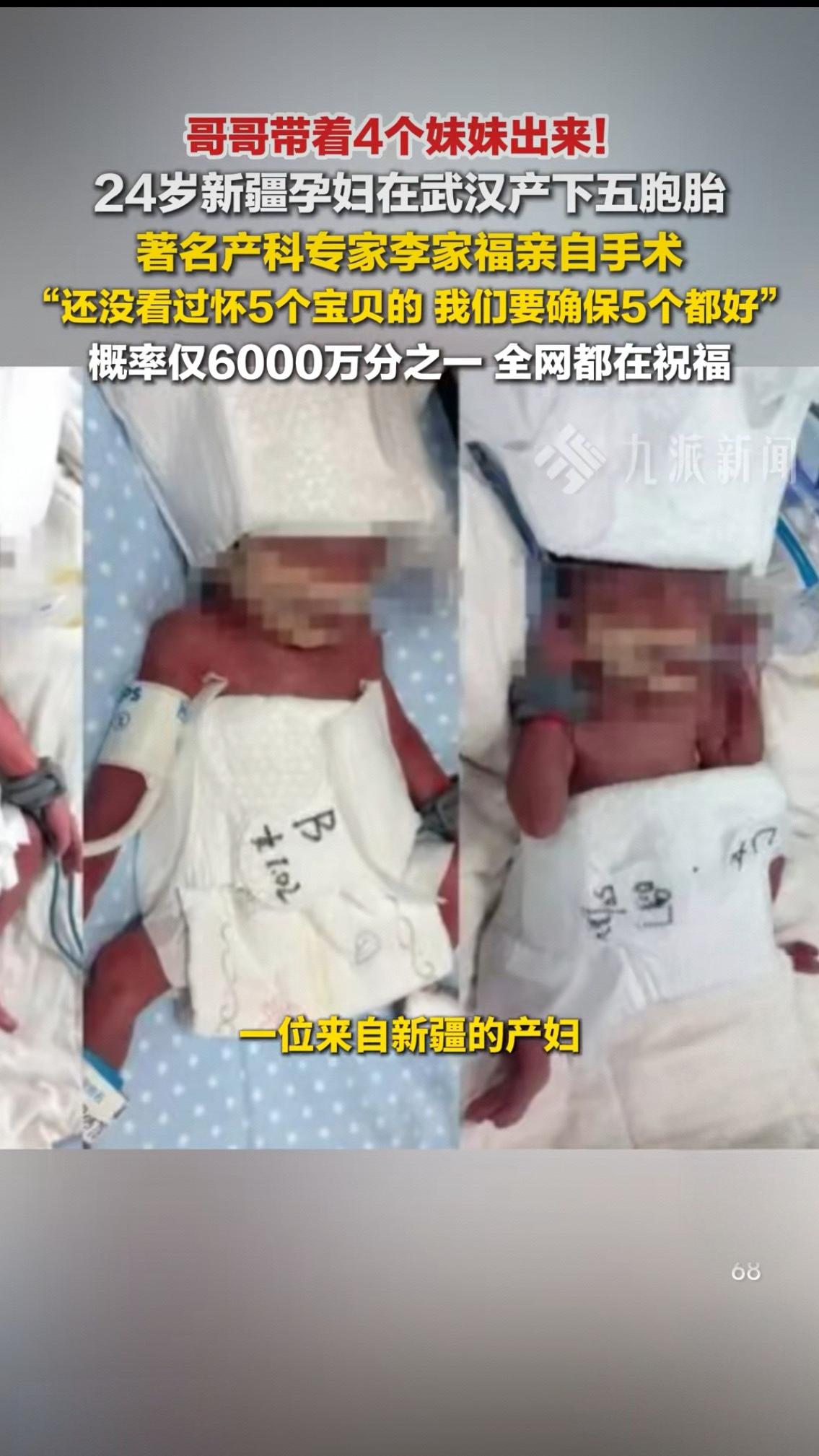 概率六千万分之一！新疆24岁产妇在武汉诞下“一兄四妹”五胞胎，全网泪目：这是生命