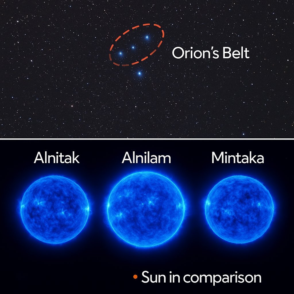 猎户座中的三颗星与太阳的对比：猎户座腰带上的恒星质量巨大，它们都是蓝超巨星：参宿